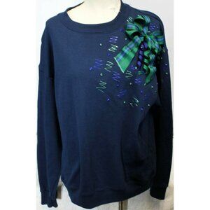 Hand Decorated Navy Sweatshirt Plaid 3D Bow Painted Design Women L Platinum Swea